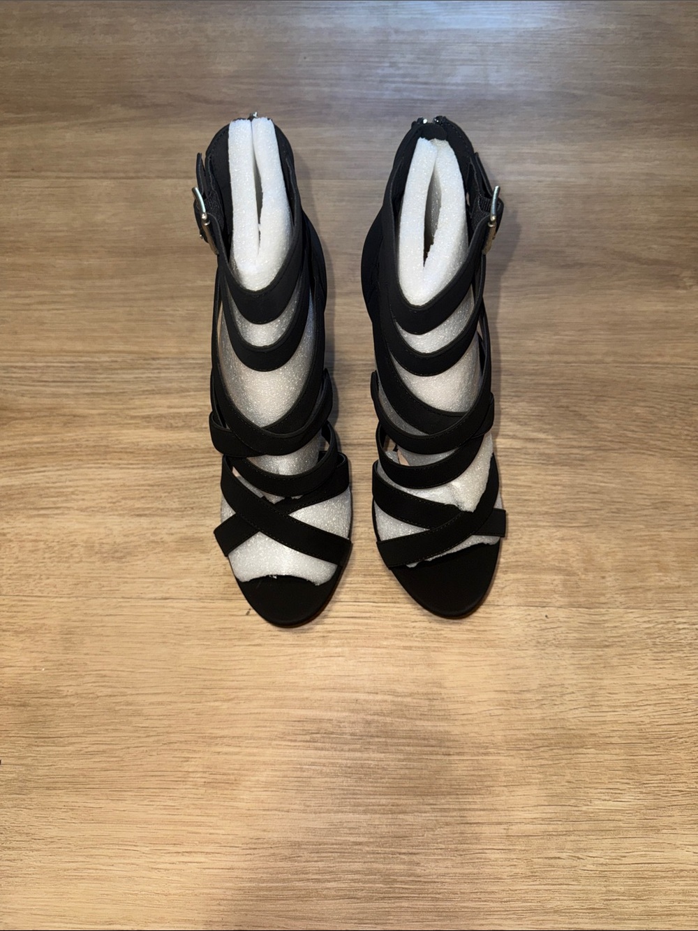 Women's Black Strappy High Heel Sandals with Ankle Buckle